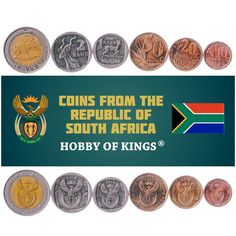 coins from the republic of south africa are displayed in front of a banner that reads, coins from the republic of south africa