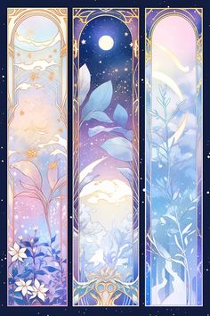 three vertical banners with flowers and leaves on them, one in blue and the other in pink