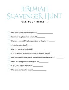 FREE Jeremiah Bible Scavenger Hunt - Children's Ministry Deals Ezekiel Bible, Bible Scavenger Hunt, Bible Games For Kids, Godly Messages, Childrens Ministry Curriculum, Sunday School Curriculum, Bible Worksheets, Abc Kids, Bible Quiz