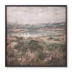 a painting with grass and water in the background