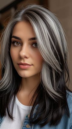 Grey Hair With Black Underneath, Black Hair With Gray Money Piece Highlights, Grey Streak Hair, Woman Layered Haircut, Hair Silver Highlights, Best Way To Transition To Grey Hair, Silver And Dark Hair, Salt And Pepper Long Hair, Black And Grey Highlights