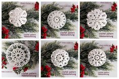 four pictures show how to make crochet doily christmas ornaments with pine needles