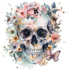 a skull with flowers and butterflies on it's head, surrounded by watercolors