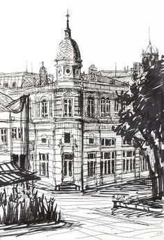 a drawing of a building with a clock tower in the center and trees around it