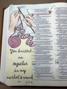 an open bible with the words you knitted me together in my mother's word