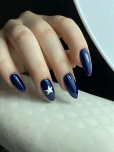 Simple Dark Blue Nail Designs, Dark Blue Almond Acrylic Nails, Navy Blue Nail Ideas Almond, Navy Blue Almond Nail Designs, Blue Nail Ideas 2024, Blue Nails With White Stars, Star Blue Nails, Blue Grunge Nails, Navy Blue Nails Aesthetic