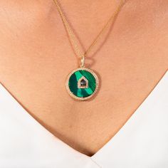 "Gold Malachite Pendant/Malachite Jewelry/Natural Green Malachite/Solid Gold Chain/Halo Jewelry/Dainty Bridal Promise/Valentine Gift for Wife ★ ★ CUSTOM/DUTY-FREE SHIPPING WORLDWIDE, BUYERS DON'T HAVE TO PAY ANY CUSTOM FEES WHILE IMPORTING ★ ★ Details Made to order Material: 14k Solid Gold ❤ To create a truly catchy look at the parties, add this 14k gold pendant necklace to your wardrobe from the house of ChicVida Fine Jewelry. Exclusively hand-carved with round-shaped malachite within gleaming Green Round Necklace With Gemstone Accents, Green Emerald Necklace With Gemstone Accents, Green Round Emerald Necklace With Gemstone Accents, Round Green Emerald Necklace With Gemstone Accents, Green Round Necklaces With Gemstone Accents, Green Onyx Round Gemstone Jewelry, Green Gemstone Accents 14k Gold Jewelry, 14k Gold Jewelry With Green Gemstone Accents, 14k Gold Green Gemstones