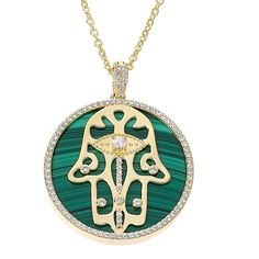 Rarities Malachite and Zircon Hamsa Medallion Pendant with 18" Chain You'll spy a lucky evil eye twinkling at the center of this malachite-adorned hamsa pendant. Fabulous for you or a special someone, the piece is a very fortunate fine-jewelry find, indeed.        Pendant approx. 1-5/8"L x 1-5/16"W     Chain approx. 18"L x 1/16"W with 2" extender     Stamped .925 sterling silver; gold plating; polished finish      Cable-link chain: lobster-claw clasp   Stone Information       All sizes and weights approximate     Malachite: Round (13mm)     White Zircon: Round; 1.21ctw Symbolic Green Round Pendant Jewelry, Green Symbolic Pendant Necklace, Magickal Jewelry, Gold Leaf Pendant, Gold Hamsa, Hamsa Pendant, Gold Chain With Pendant, Zircon Jewelry, White Jewelry