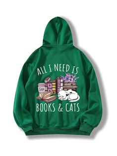 Feline Frenzy: Books & Cats Print Hoodie - Stay Cozy and Stylish this Casual Hooded Sweatshirt, Weather Wear, Sweatshirt For Women, Pocket Pattern, Coffee And Books, Print Hoodie, Stay Cozy, Cat Print, Printed Design