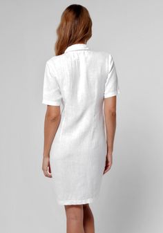 Elegant White Dress With Collared Neckline, Classic Linen Dress For Daywear, White Linen Summer Dress For Work, White Linen Dress For Summer Workwear, Classic Linen Shirt Dress With Placket, Fitted Collared Linen Dress, Elegant Style, White Linen Short Sleeve Dress For Work, Elegant Collared Linen Dress For Work, Fitted Linen Dress With Pockets For Daywear