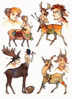 four different types of people with horns and deers on their backs, one in the middle