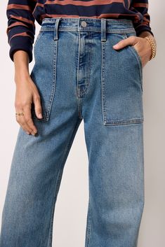 Perfect for day-to-night wear, the Penny wide leg jean by Pistola features a high-rise waist, raw hems, and front patch pockets for a hint of utility-inspired style. High-waist Utility Jeans In Medium Wash, Utility Wide-leg Denim Jeans, High-waist Utility Flare Jeans With Belt Loops, Mid-rise Utility Jeans With Elastic Waistband, Non-stretch Denim Utility Jeans, Utility Jeans, Fall Closet, Brand Style Guide, Night Wear