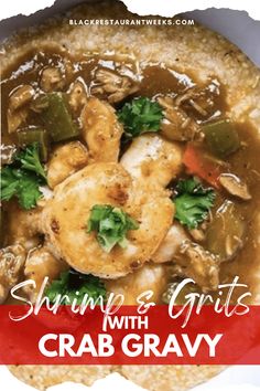 shrimp and grits with crab gravy in a white bowl on a red background