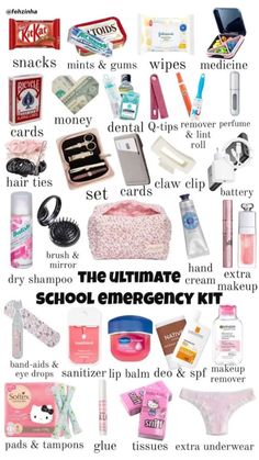 the ultimate school emergency kit for girls is shown in this graphic above it's contents