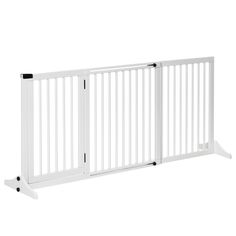 a white baby gate with wheels on the bottom and side rails down to it's sides