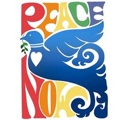 a peace sign with a bird holding a flower in it's beak and the words peace no more