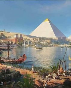 an image of the egyptian pyramids and boats on the water in front of it