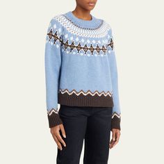 Alanui "Sweet Winter" knit sweater in Fair Isle motif Crew neckline Long sleeves Relaxed fit Pullover style Wool Made in Italy Fitted Fair Isle Pattern Crew Neck Top, Nordic Knit Tops With Fair Isle Pattern, Knit Crew Neck Top With Fair Isle Pattern, Nordic Style Knitted Crew Neck Top, Nordic Knitted Crew Neck Tops, Winter Knit Sweater, Winter Knits, Wool Sweaters, Fair Isle