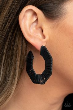 Black wicker-like cording is wrapped around a hexagonal hoop, creating a bold pop of color. Earring attaches to a standard post fitting. Hoop measures approximately 2" in diameter. Sold as one pair of hoop earrings. Trendy Fringe, Black Hoops Earrings, Colorful Frames, Pink Peacock, Jewelry Images, Paparazzi Accessories, White Rhinestone, Earrings Black, Black Acrylics