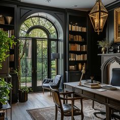 an office with black walls and wooden floors, large arched windows, leather chairs, and a fireplace