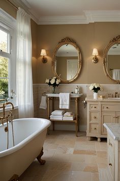 a bathroom with two mirrors and a tub