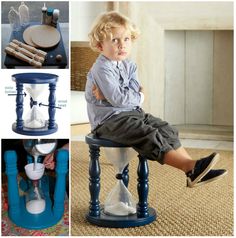 there is a child sitting on top of an hourglass with sand in it and other items around him