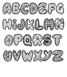 the alphabet is made up of doodled letters and numbers, with different patterns on them