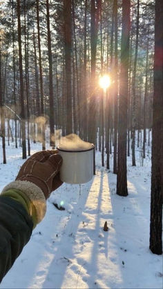 a person is holding out their hand in the snow with a light shining through the trees