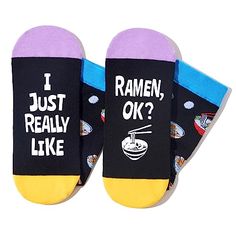 Ramen SocksThese unisex ramen noodle socks feature eggs and bowls of ramen with chopsticks at the top. At the bottom, there is a funny saying "I JUST REALLY LIKE RAMEN, OK?".Size & PackageOur unisex design fits most men's US size 6-13 feet and most women's US size 7 and up. Each pair of funny socks comes in a plastic zippered bag.Quality MaterialOur novelty socks are made of 80% cotton, 15% polyamide, and 5% elastane to ensure they are soft, comfortable, stretchy, and breathable. They won't fade Fun Black Cotton Socks, Casual Black Socks For Gifts, Casual Black Socks As Gift, Fun Black Socks As Gift, Ramen Gifts, Monkey Food, Wine And Pizza, Food Socks, Socks Gifts