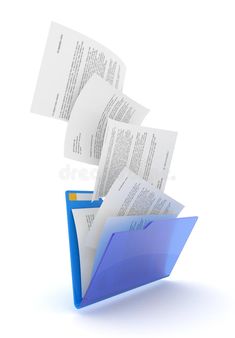 a blue folder filled with papers flying through the air royalty illustration on white background stock images