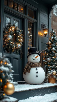 a snowman is standing in front of a house decorated with christmas trees and wreaths