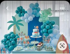 a blue and white dessert table with balloons