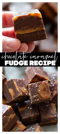 chocolate caramel fudge recipe with text overlay