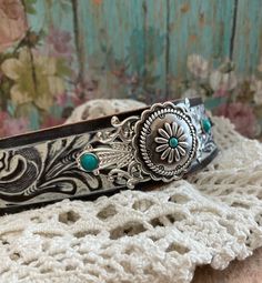 "v'¯) .`*.¸.*' ❤ CONCHO COLLECTION ❤ ¸.*'.*'¨) ¸. (¸.*'(¸.*' (¸. My leather concho cuff bracelets will add a rustic feminine touch to your look! Each made from tooled leathers & beautifully detailed conchos. Rivets add dimension. They can be dressed up or down to compliment any outfit. Buy it ---- Wear It----Make it your own! This DESIGN ~ ❤ Beautifully detailed round sunburst concho with faux turquoise, sits on gorgeous 1-1/2\" wide tooled leather. I painted the leather in multiple layers of da Western Concho Bracelets For Festival, Western Style Concho Bracelets For Festivals, Western Style Turquoise Bracelet, Hand Tooled, Western Turquoise Bracelets With Concho, Western Turquoise Bracelet With Concho, Western Style Turquoise Bracelet With Concho, Western Glam, Leather Cuff Bracelet, Leather Wristbands