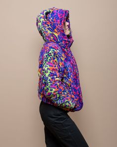 Women's Hooded Puffer Jacket - Classic This colorful animal print puffer jacket in faux fur for women is the ultimate playful attire. Featuring a bold neon animal print and cozy hood with ears, you'll be the showstopper anywhere and everywhere you prowl this Fall-Winter! Whether it's running errands around town, hitting the slopes, or as nighttime festival fashion, this cruelty-free vegan fashion jacket is as stylish as it is sustainable! Neon Disco Kitty Characteristics PLAYFUL • DANCER • CONFI Multicolor Hooded Puffer Jacket For Fall, Multicolor Hooded Puffer Jacket, Multicolor Spring Puffer Jacket, Multicolor Hooded Puffer Outerwear, Hooded Multicolor Puffer Outerwear, Fur Puffer Jacket, Neon Disco, Neon Animal Print, Fur Backpack