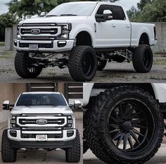 two pictures of the front and rear sides of a white truck with black wheels, tires and rims