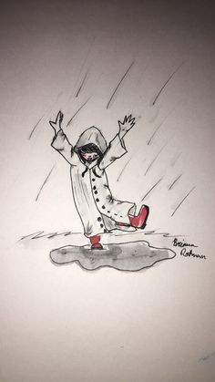 a drawing of a person sitting in the rain with their arms up and hands out