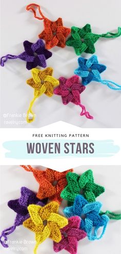 crocheted stars with text that says free knitting pattern for woven stars on them