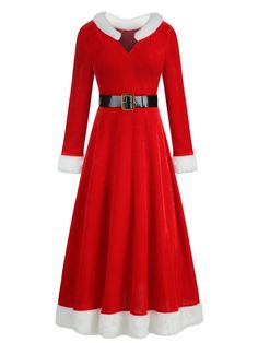 a women's red dress with white trim and santa claus belt on the waist