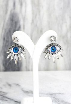 Eye Earrings Evil Eye Earrings Ear Jacket Ear Jacket  #evileye #evileyeearrings #earjacket #bohojewelry #eyeearrings #eyejewelry Wedding Earrings With Diamond Eyes In Sterling Silver, Fine Jewelry Earrings With Diamond Eyes, Evil Eye Fringe Earrings, Elegant Evil Eye Drop Earrings, Blue Sterling Silver Evil Eye Earrings, Front Back Earrings, Crystal Eye, Ear Jacket Earring, Crystal Bridal Earrings