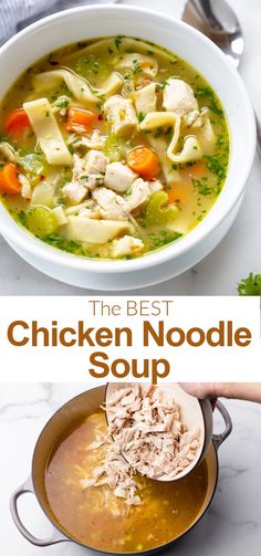 the best chicken noodle soup in a white bowl