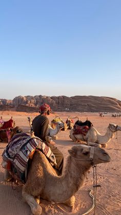 camels and riders in the desert with mountains in the background