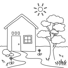 a black and white drawing of a house near a tree with sun in the background