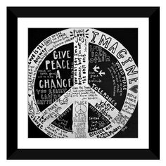 a black and white peace sign with words written in different languages on the bottom half of it