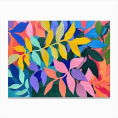 an abstract painting of colorful leaves on a white background