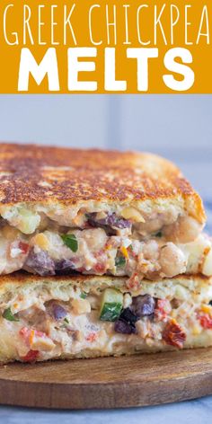 two grilled cheese sandwiches stacked on top of each other with the words greek chickpea melts