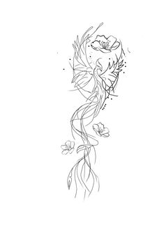 a line drawing of a fish with flowers on its back side and the bottom half of it