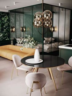 a dining room table with chairs and a chandelier