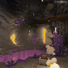 an image of a minecraft environment with purple and yellow colors