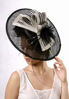 Stunning black and cream Melbourne cup by IrinaSardarevaHats Gatsby Style Evening Fascinator For Kentucky Derby, Gatsby Style Mini Hats For Kentucky Derby Evening, Gatsby Mini Hat For Royal Ascot Evening, Gatsby Style Evening Fascinator With Short Brim, Chic Structured Crown Hat For Kentucky Derby, Chic High Crown Fascinator, Evening Gatsby Style Fascinator With Short Brim, Chic Fitted High Crown Fascinator, Chic Kentucky Derby Hat With Structured Crown